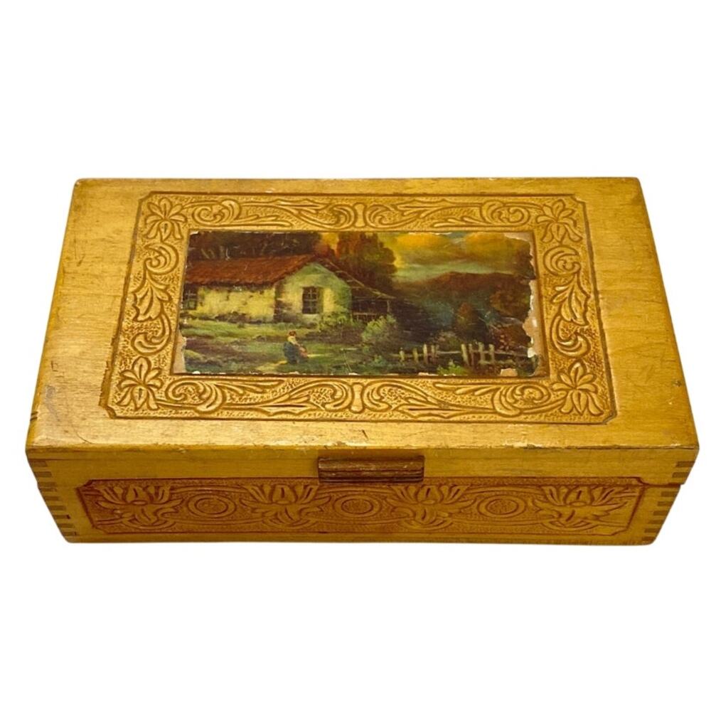 Vintage Wood Footed Jewelry Chocolate Keepsake Trinket Box Carved Mirror Hinged